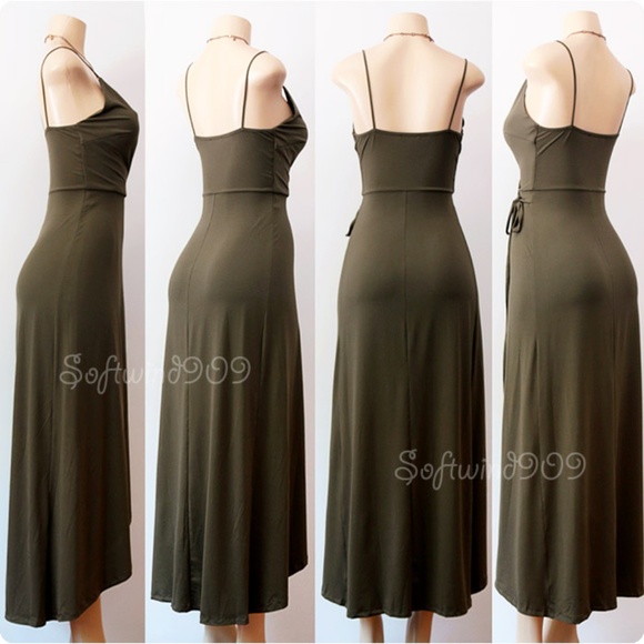 Last☝️ Olive Green Plunge Surplice Maxi Wrap Dress - Picture 7 of 8